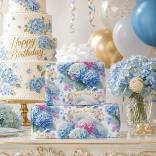 Elegant Blue Hydrangea Birthday Celebration Wrapping Paper