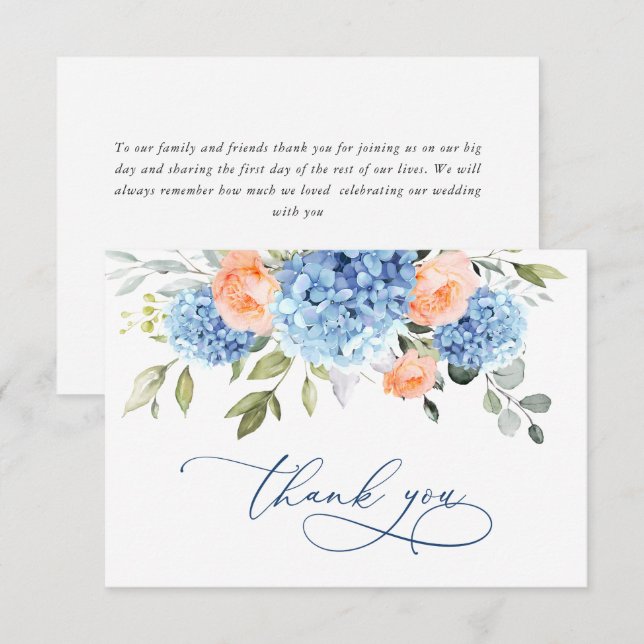 Elegant Blue Hydrangea Blush Pink Roses Flowers Thank You Card (Front/Back)