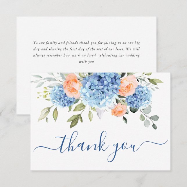 Elegant Blue Hydrangea Blush Pink Roses Flowers Thank You Card (Front/Back)