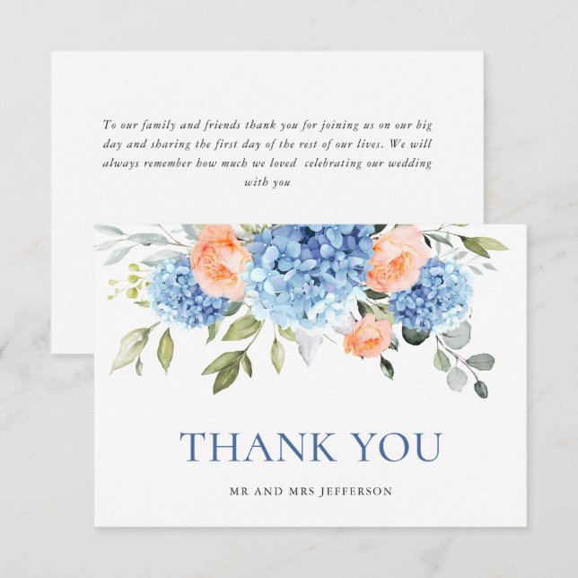 Elegant Blue Hydrangea Blush Pink Roses Flowers Thank You Card (Front/Back)