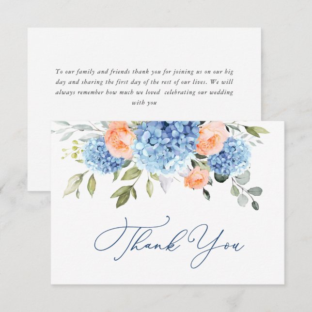 Elegant Blue Hydrangea Blush Pink Roses Flowers Thank You Card (Front/Back)