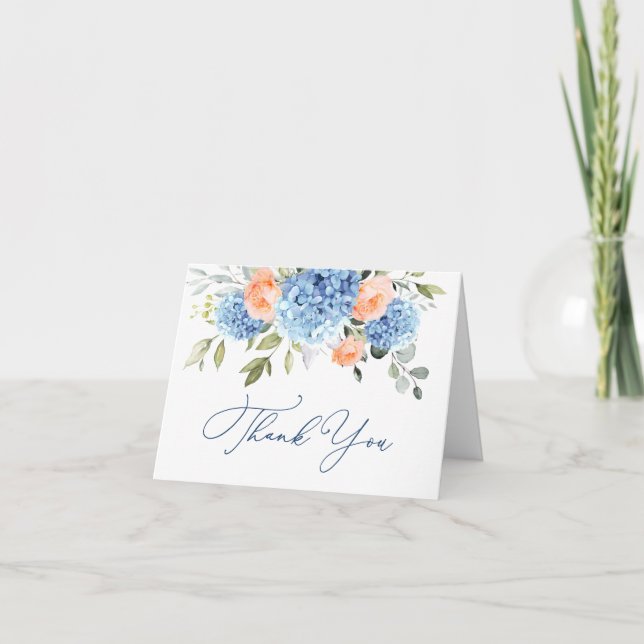 Elegant Blue Hydrangea Blush Pink Roses Flowers Thank You Card (Front)
