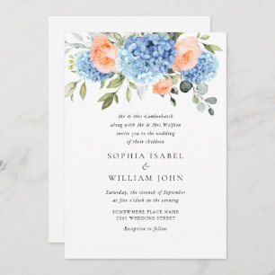 Elegant Blue Hydrangea Blush Pink Roses Wedding Invitation