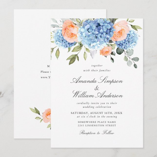 Elegant Blue Hydrangea Blush Pink Roses Wedding Invitation (Front/Back)