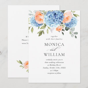 Elegant Blue Hydrangea Blush Pink Roses Wedding Invitation