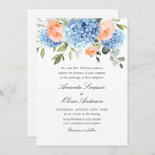 Elegant Blue Hydrangea Blush Pink Roses Wedding Invitation