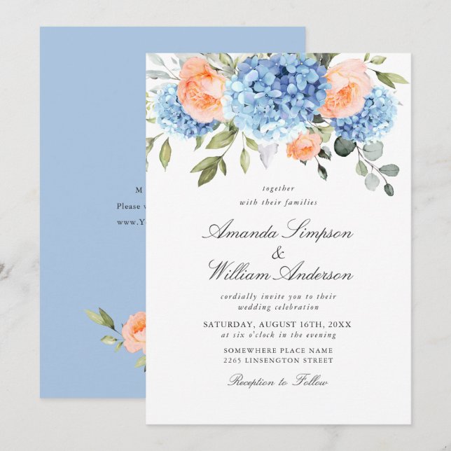 Elegant Blue Hydrangea Blush Pink Roses Wedding Invitation (Front/Back)