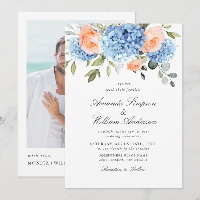 Elegant Blue Hydrangea Blush Pink Roses Wedding Invitation (Front/Back)
