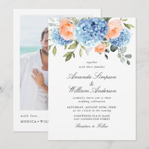 Elegant Blue Hydrangea Blush Pink Roses Wedding Invitation