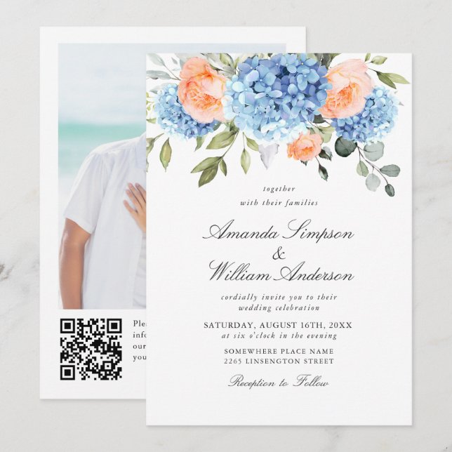 Elegant Blue Hydrangea Blush Pink Roses Wedding Invitation (Front/Back)