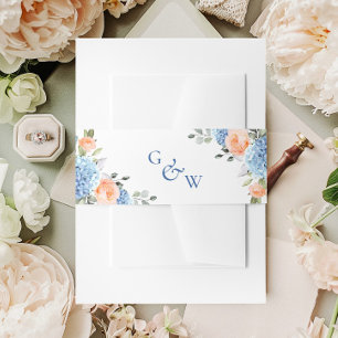 Elegant Blue Hydrangea Blush Pink Roses Wedding Invitation Belly Band