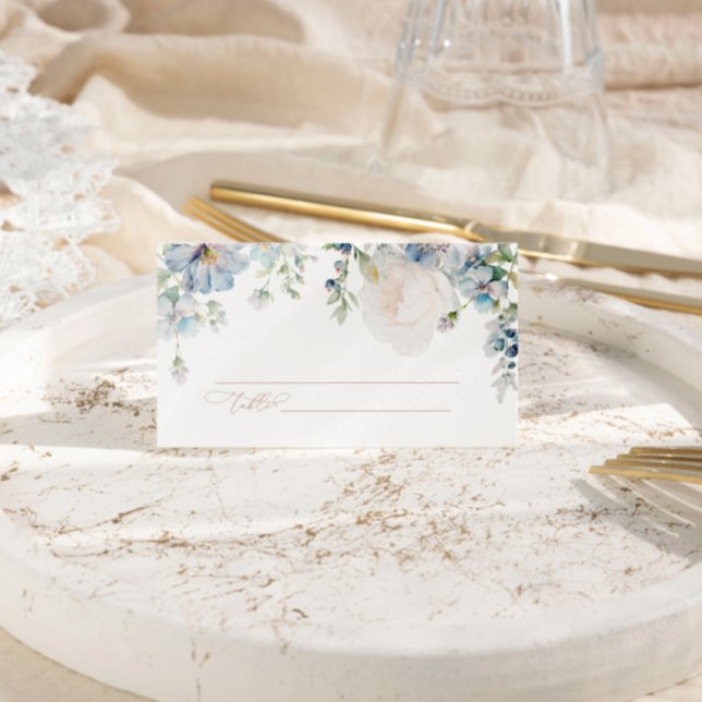 Elegant Blue Hydrangea & Blush Rose Wedding  Place Card (Creator Uploaded)