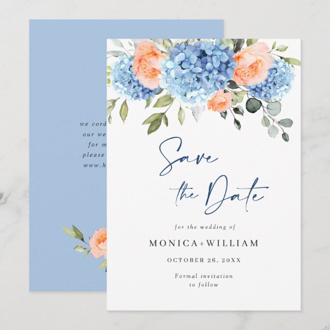 Elegant Blue Hydrangea Blush Roses Floral Wedding Save The Date (Front/Back)