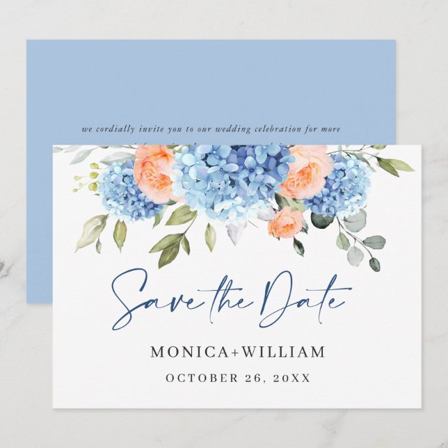 Elegant Blue Hydrangea Blush Roses Floral Wedding Save The Date (Front/Back)