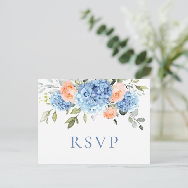 Elegant Blue Hydrangea Blush Roses Wedding RSVP Postcard (Standing Front)