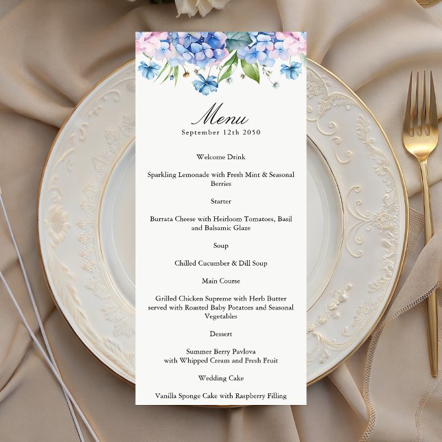 Elegant Blue Hydrangea Border Wedding Paper Menu (Creator Uploaded)