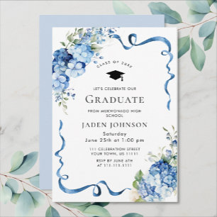 Elegant Blue Hydrangea Bow Ribbon Graduation Party Invitation