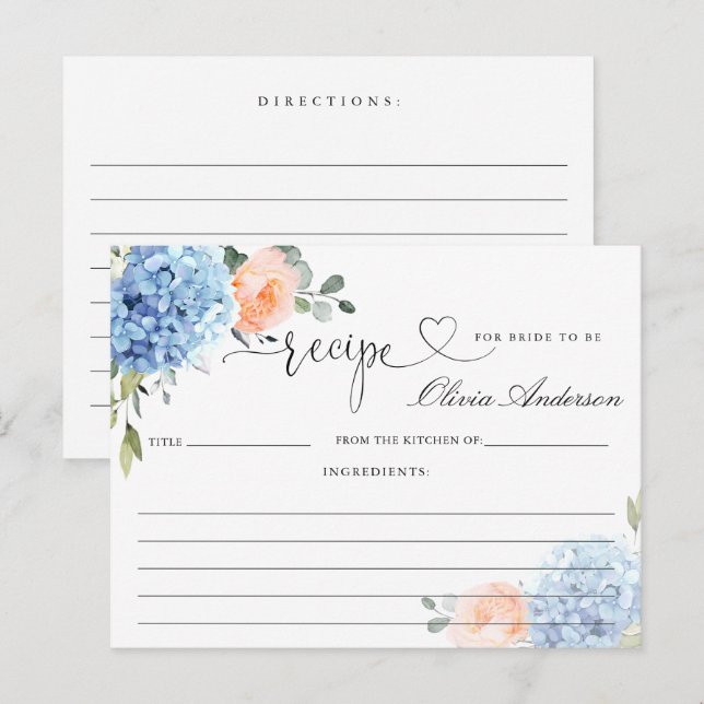 Elegant Blue Hydrangea Bridal Shower Recipe Card (Front/Back)