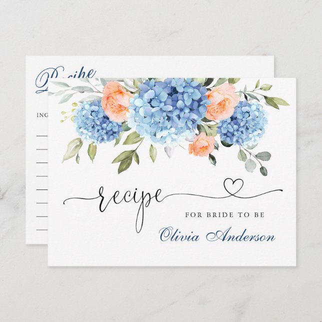Elegant Blue Hydrangea Bridal Shower Recipe Card (Front/Back)