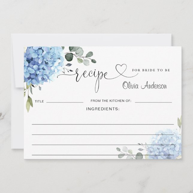 Elegant Blue Hydrangea Bridal Shower Recipe Card (Front)
