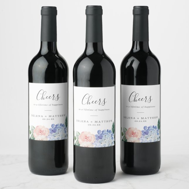 Elegant Blue Hydrangea Cheers Wedding Wine Labels (Bottles)