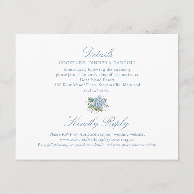 Elegant Blue Hydrangea Details Enclosure Card (Front)