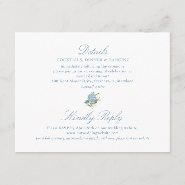 Elegant Blue Hydrangea Details Enclosure Card (Front)