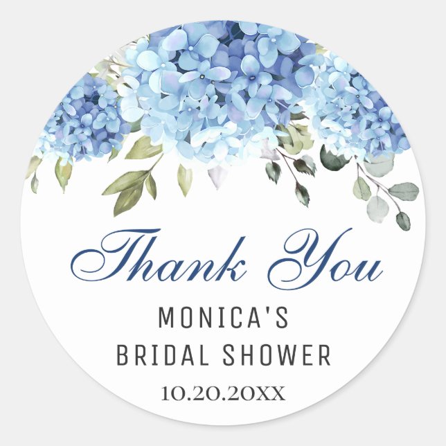 Elegant Blue Hydrangea Eucalyptus Bridal Shower Classic Round Sticker (Front)
