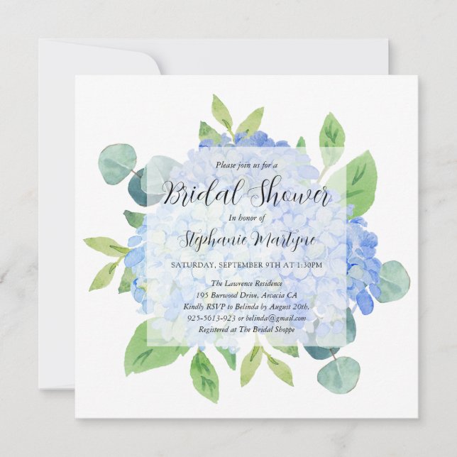 Elegant Blue Hydrangea Eucalyptus Bridal Shower Invitation (Front)