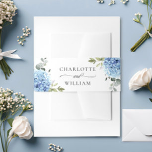 Elegant Blue Hydrangea Eucalyptus Floral Wedding Invitation Belly Band