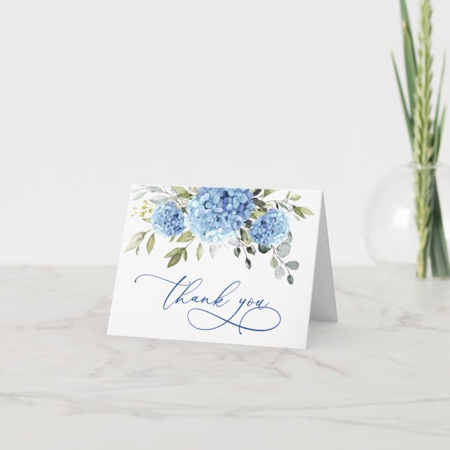 Elegant Blue Hydrangea Eucalyptus Flowers Simple  Thank You Card (Front)