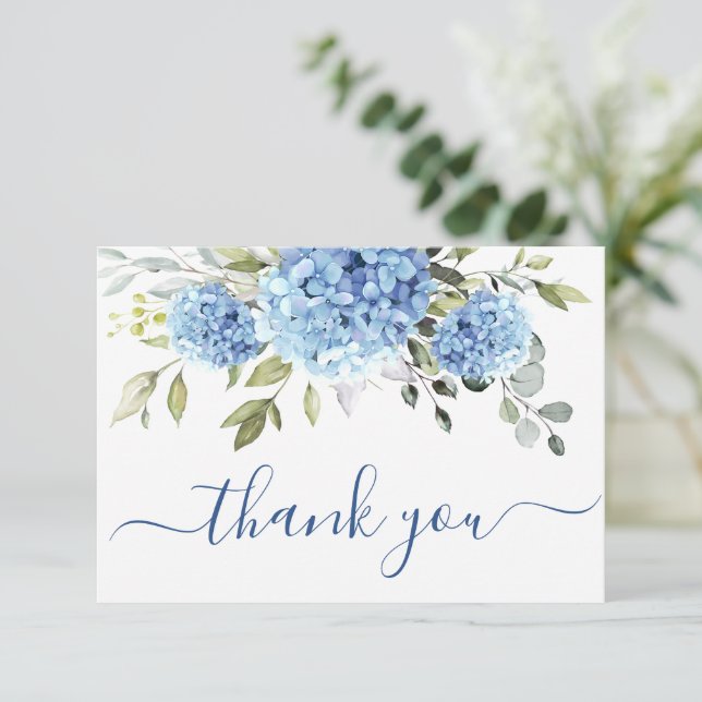 Elegant Blue Hydrangea Eucalyptus  Flowers Simple  Thank You Card (Standing Front)