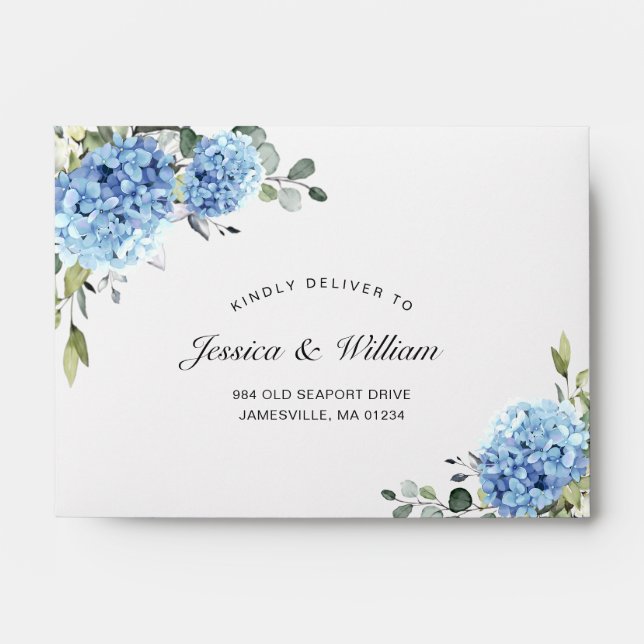 Elegant Blue Hydrangea Eucalyptus for RSVP Envelope (Front)