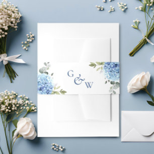 Elegant Blue Hydrangea Eucalyptus Monogram Wedding Invitation Belly Band