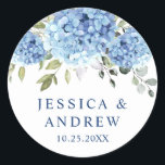 Elegant Blue Hydrangea Eucalyptus Wedding Classic Round Sticker<br><div class="desc">For further customisation,  please click the "customise further" link and use our design tool to modify this template. 
If you need help or matching items,  please contact me.</div>