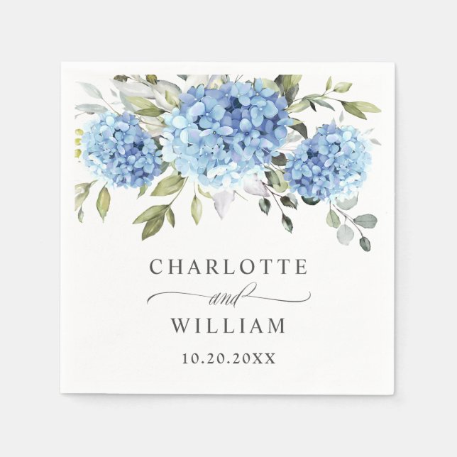 Elegant Blue Hydrangea Eucalyptus Wedding Napkin (Front)