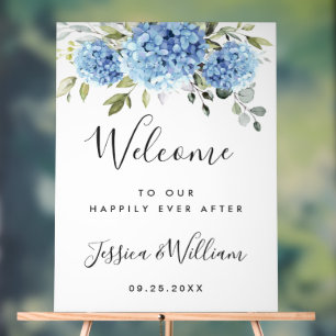 Elegant Blue Hydrangea Eucalyptus WEDDING Welcome Acrylic Sign