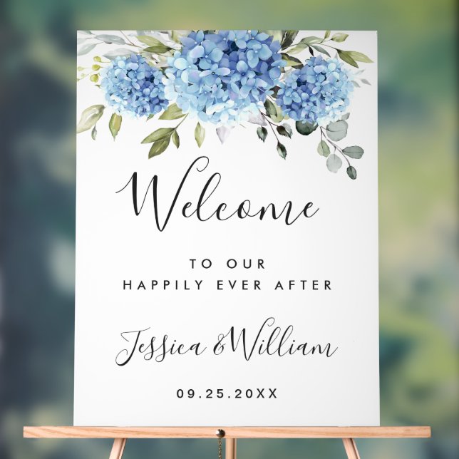 Elegant Blue Hydrangea Eucalyptus WEDDING Welcome Acrylic Sign (Neutral)