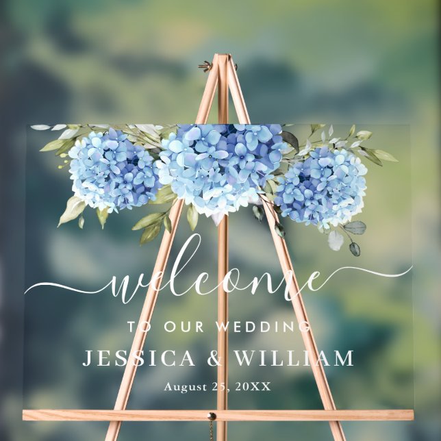 Elegant Blue Hydrangea Eucalyptus WEDDING Welcome Acrylic Sign (Neutral)