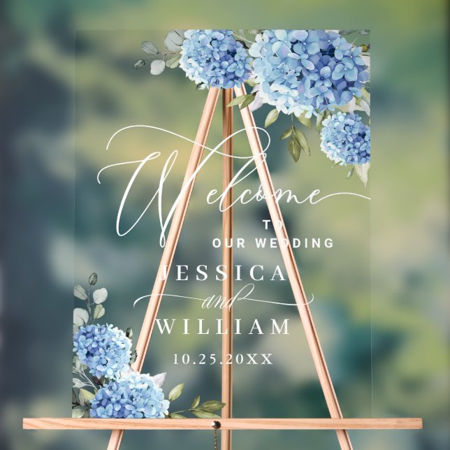 Elegant Blue Hydrangea Eucalyptus WEDDING Welcome Acrylic Sign (Neutral)