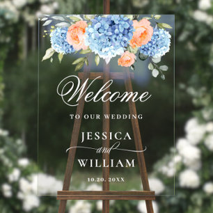 Elegant Blue Hydrangea Eucalyptus WEDDING Welcome Acrylic Sign