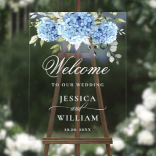 Elegant Blue Hydrangea Eucalyptus WEDDING Welcome Acrylic Sign