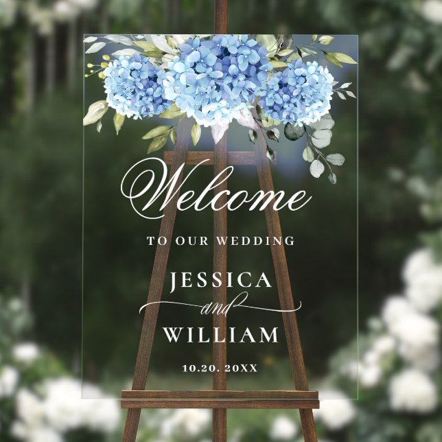 Elegant Blue Hydrangea Eucalyptus WEDDING Welcome Acrylic Sign (Creator Uploaded)