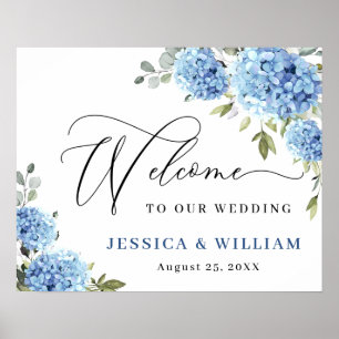 Elegant Blue Hydrangea Eucalyptus Wedding Welcome Poster