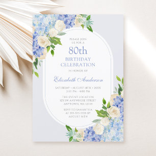 Elegant Blue Hydrangea Floral 80th Birthday Invitation