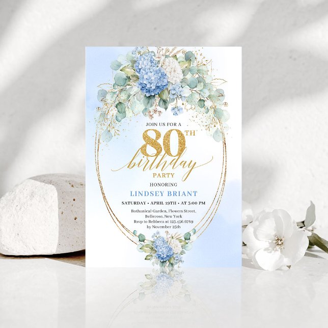 Elegant Blue Hydrangea Floral 80th Birthday Invite (Elegant Blue Hydrangea Floral 80th Birthday Invite)