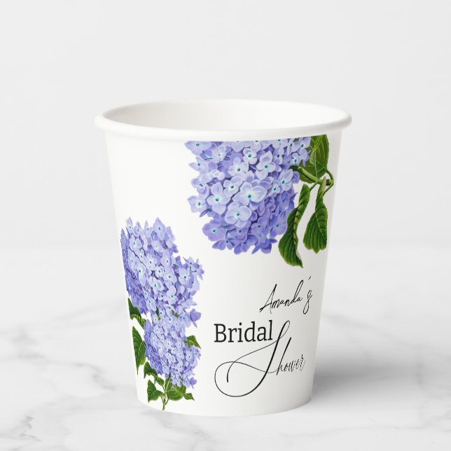 Elegant Blue Hydrangea Floral Bridal Shower Paper Cups (Front)