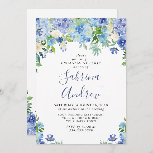 Elegant Blue Hydrangea Floral ENGAGEMENT PARTY Invitation (Front/Back)
