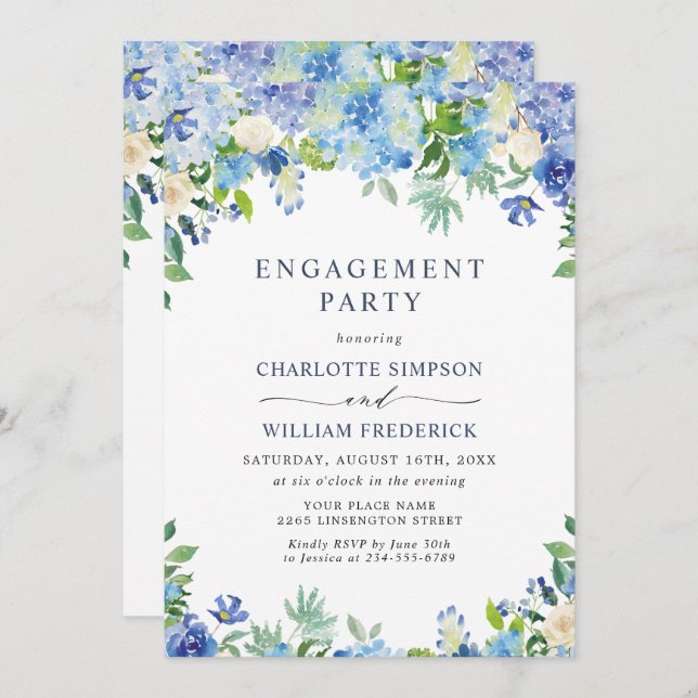 Elegant Blue Hydrangea Floral ENGAGEMENT PARTY Invitation (Front/Back)