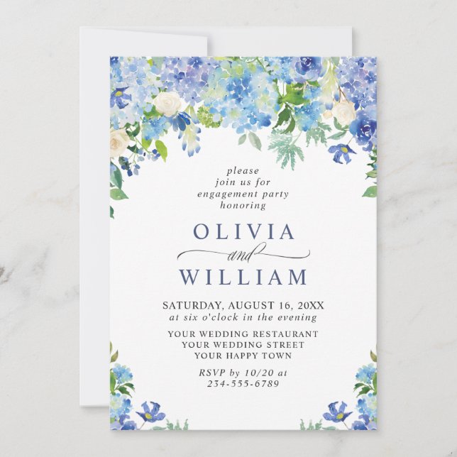 Elegant Blue Hydrangea Floral ENGAGEMENT PARTY Invitation (Front)